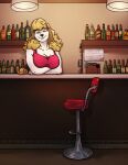  anthro bar bartender bianca_(chemicalinfantry) black_nose blonde_hair blue_eyes bottle breasts canid canine canis clothed clothing crossed_arms digital_media_(artwork) domestic_dog english_text eyebrows female fully_clothed grin hair inside key lamp looking_at_viewer mammal poodle sign smile solo story story_in_description text thetiedtigress white_hair 