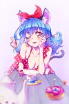  1girl ;p animal_ear_fluff animal_ears bangs blue_hair blurry blurry_foreground blush bow breasts cat_ears cat_tail cleavage collarbone cup dress earrings eyebrows_visible_through_hair hair_between_eyes hair_bow highres holding holding_spoon jewelry kyoutsuugengo long_hair looking_at_viewer one_eye_closed orange_eyes pointy_ears polka_dot polka_dot_dress precure red_bow red_dress shiny shiny_hair sleeveless sleeveless_dress small_breasts solo sparkle spoon star_twinkle_precure tail teacup teapot tongue tongue_out white_background yuni_(precure) 