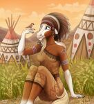  2019 anthro biped blue_eyes breasts clothed clothing detailed_background digital_media_(artwork) dreamworks equid equine female fingers fur gloves_(marking) hi_res horse jenery mammal markings rain_(cimarron) sitting sky solo spirit:_stallion_of_the_cimarron tribal 