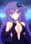  1girl black_dress black_gloves blue_eyes braid breasts cleavage dress elbow_gloves gloves hair_ornament large_breasts long_hair looking_at_viewer neptune_(series) purple_hair purple_heart smile solo suta_(clusta) symbol-shaped_pupils twin_braids 