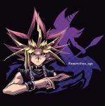  1boy artist_name black_hair blonde_hair bracelet bright_pupils card chain closed_mouth commentary_request dark_magician hand_up holding holding_card jewelry male_focus multicolored_hair outline shirt soya_(sys_ygo) spiked_hair upper_body yami_yuugi yu-gi-oh! 