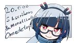  1girl bangs black_hair commentary english_text eyebrows_visible_through_hair glasses highres jitomi_monoe katzbeh looking_at_viewer milestone_celebration red_eyes romaji_text short_hair smile solo virtual_youtuber voms 