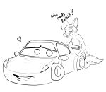  2021 anthro barefoot canid canine canon car cars_(disney) cheek_tuft cruz_ramirez disney duo facial_tuft female feral fox hi_res male male/female mammal monochrome nick_wilde pixar red_fox simple_background smile solo text tuft vehicle white_background wugi xd zootopia 