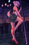  anthro bar bottomwear breasts butt clothed clothing crop-top digital_media_(artwork) english_text female fishnet footwear fur hi_res high_heels hyaenid lingerie looking_at_viewer mammal nana_(mithrilfoxsheppard) pinup pole pose purrr-evil shoes shorts solo spotted_hyena stripper stripper_pole text 