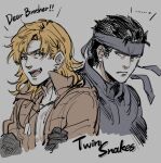  2boys :d bandana blonde_hair blue_eyes brothers dog_tags earrings english_text eyebrows_visible_through_hair fang gloves green_eyes grimace highres jewelry liquid_snake long_hair looking_at_another male_focus metal_gear_(series) metal_gear_solid multiple_boys noriuma open_mouth short_hair siblings smile solid_snake upper_body 