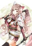  1girl atoatto axe brown_eyes brown_hair dual_wielding fingerless_gloves fire_emblem fire_emblem_fates fire_emblem_heroes gloves hana_(fire_emblem) headband holding holding_axe japanese_clothes long_hair ninja solo 