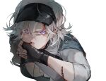  1girl angry bangs bleeding blood blood_on_face breasts chinese_commentary cleavage commentary_request cuts fingerless_gloves girls_frontline gloves hair_between_eyes injury medium_breasts nosebleed purple_eyes shuzi silver_hair sl8_(girls_frontline) solo visor_cap white_background wiping_mouth 