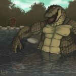  1:1 alligator alligatorid anthro bathing crocodilian flaccid genitals hi_res looking_at_viewer male muscular muscular_anthro muscular_male open_mouth outside penis reptile scales scalie sitting slightly_chubby solo sowod water 