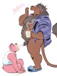  anthro bodily_fluids dramamine drinking drinking_urine duo english_text felid genital_fluids genitals half_naked hi_res lion male male/male mammal overweight overweight_male pantherine penis text urine urine_in_mouth ursid watersports 