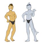  1:1 alternate_species anthro briefs bulge clothed clothing duo fish fuze hi_res human humanized ian_(fuze) male mammal marine mohawk navel nipples shark simple_background texnatsu topless underwear underwear_only white_background 