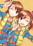  2girls ;d bangs blue_ribbon brown_hair collarbone eyebrows_visible_through_hair futami_ami futami_mami green_eyes green_scrunchie grin hair_ornament hair_scrunchie highres idolmaster idolmaster_(classic) long_hair long_sleeves looking_at_viewer multiple_girls one_eye_closed open_mouth pink_scrunchie plaid plaid_scrunchie polka_dot polka_dot_scrunchie ribbon scrunchie shiny shiny_hair shirt short_hair siblings side_ponytail sisters smile standing star_(symbol) star_print striped striped_shirt suzumo70 swept_bangs v w yellow_background 