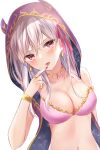  1girl bangs bare_shoulders bikini blush bracelet breasts canary999 chocolate_heaven_(fate/grand_order) cleavage cloak collarbone earrings fate/grand_order fate_(series) gold_trim hair_ribbon highres hood hood_up hooded_cloak horned_hood jewelry kama_(fate) large_breasts long_hair looking_at_viewer navel necklace open_mouth pink_bikini purple_cloak red_eyes ribbon short_hair silver_hair small_breasts swimsuit tongue tongue_out 