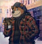  2021 alpha_channel anthro border brown_bear brown_body brown_fur clothing dean_(password) fur hat headgear headwear hoodie humanoid_hands male mammal noatek nyzcait outside password_(visual_novel) snow snowing solo topwear transparent_border ursid ursine video_games visual_novel 