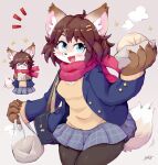  &gt;_&lt; 2021 5_fingers accessory anthro bag black_nose blue_eyes blush bottomwear breasts brown_body brown_fur brown_hair canid canine chibi claws clothing cute_fangs dipstick_tail eating emanata eyebrows eyelashes eyes_closed female fingers fluffy fluffy_tail food fox fur grey_background hair hair_accessory happy inner_ear_fluff jacket kemono legwear looking_at_viewer mammal meat_bun moriguru multicolored_body multicolored_fur multicolored_tail multiple_images open_mouth open_smile plastic_bag portrait scarf school_uniform short_hair signature simple_background skirt smile solo steam stockings sweater tailwag tan_body tan_fur three-quarter_portrait tongue topwear tuft uniform white_body white_fur 