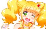  1girl ;d bangs bare_shoulders blonde_hair blush choker collarbone cure_sparkle earrings eyebrows_visible_through_hair gloves green_eyes hair_ornament healin&#039;_good_precure heart heart_hair_ornament hiramitsu_hinata jewelry kyoutsuugengo long_hair one_eye_closed open_mouth portrait precure shiny shiny_hair smile solo twintails white_gloves yellow_choker 