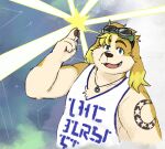  anthro biceps blue_eyes canid canine canis clothing domestic_dog estonforks eyewear fur goggles hisaki_(live-a-hero) jewelry live-a-hero male mammal multicolored_body multicolored_fur necklace shirt slightly_chubby solo tank_top tattoo topwear 