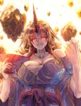  1girl absurdres arms_up backlighting blonde_hair blue_kimono breasts cleavage clenched_hand commentary_request constricted_pupils cup debris fang grin head_tilt highres holding holding_cup horns hoshiguma_yuugi japanese_clothes kimono large_breasts long_hair looking_at_viewer muscular muscular_female obi off-shoulder_kimono pointy_ears red_eyes rock sakazuki sarashi sash single_horn smile solo standing sunyup touhou upper_body very_long_hair white_background 