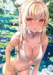  1girl arm_garter bangs bikini blonde_hair blush breasts cleavage dark_skin dark_skinned_female elf eyebrows_visible_through_hair flower highres hololive large_breasts lily_pad long_hair looking_at_viewer nature open_mouth outdoors partially_submerged petals pointy_ears red_eyes saruei shiranui_flare solo swimsuit virtual_youtuber water water_lily_flower white_bikini 