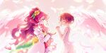  2girls back_bow bow closed_mouth cure_grace dress feathered_wings flower from_side hair_flower hair_ornament hanadera_nodoka hands_clasped healin&#039;_good_precure highres kyoutsuugengo long_hair long_sleeves multiple_girls own_hands_together precure profile red_hair short_hair sleeveless sleeveless_dress smile sundress very_long_hair white_dress white_wings wings yellow_bow yellow_flower 