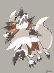  claws commentary fangs full_body gen_7_pokemon green_eyes grey_background highres looking_at_viewer lycanroc lycanroc_(dusk) no_humans open_mouth ouran pokemon pokemon_(creature) simple_background solo tongue 