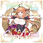  1girl absurdres ahoge bangs bow breasts cleavage cleavage_cutout clothing_cutout dragon_girl dragon_horns dragon_tail eyebrows_visible_through_hair fang fangs highres hololive horns kiryuu_coco large_breasts looking_down milestone_celebration open_hands open_mouth orange_hair outstretched_arms purple_eyes red_skirt skin_fang skirt smile solo sora_shitatoge striped striped_bow tail tiara virtual_youtuber 