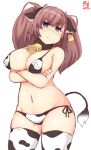  1girl alternate_costume animal_ears artist_logo atlanta_(kancolle) bikini breasts brown_hair commentary_request covered_nipples cow_ears cow_horns cow_tail crossed_arms dated fake_animal_ears fake_horns grey_eyes highres horns kanon_(kurogane_knights) kantai_collection large_breasts long_hair looking_at_viewer side-tie_bikini simple_background solo swimsuit tail thighhighs two_side_up white_background white_bikini white_legwear 
