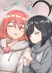  2girls absurdres bangs black_hair blush clenched_hands closed_eyes cropped_hoodie grey_jacket hairband hands_together highres hikasa_tomoshika hood hoodie jacket jitomi_monoe long_hair multiple_girls open_mouth pearlscale0818 red_hair short_hair sleeping smile two-tone_jacket virtual_youtuber voms white_hoodie yuri 