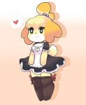  &lt;3 absurd_res animal_crossing anthro bell bow_socks canid canine canis clothed clothing collar domestic_dog female fur hi_res isabelle_(animal_crossing) leggings legwear looking_away maid_uniform mammal nintendo onigiri_punch red_bow shih_tzu simple_background smile solo tan_background toy_dog uniform video_games 