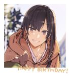  1girl black_hair coat earrings grin happy_birthday jewelry looking_at_viewer nakatani_nio nanami_touko scenery smile solo sunlight upper_body yagate_kimi_ni_naru 