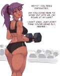 1girl ass back black_sports_bra breasts dark_skin dark_skinned_female dumbbell english_commentary english_text from_behind gym hair_ornament hair_scrunchie katawa_shoujo kneepits long_hair looking_at_viewer looking_back mature medium_breasts miura_miki muscular muscular_female older ponytail purple_eyes purple_hair purple_scrunchie rtil scrunchie solo sports_bra standing sweat thick_thighs thighs upper_body very_dark_skin weightlifting weights 