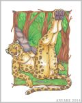  2014 anthro anyare balls black_pawpads black_spots butt felid forest genitals legs_up leopard lying male mammal nude on_back pantherine pawpads plant solo spots traditional_media_(artwork) tree white_body yellow_body 