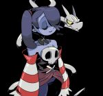  1girl 770mk asymmetrical_hair black_background black_neckwear black_pants blue_skin closed_eyes colored_skin corset gothic hair_over_one_eye leviathan_(skullgirls) neckwear pants pet skull skullgirls sleeves smile squigly_(skullgirls) stitched_mouth stitches striped_sleeves tail upper_body yellow_eyes zombie 