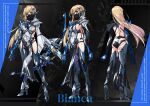  1girl absurdres ass bianca_(punishing_grey_raven) blonde_hair boots bow_(weapon) breasts butt_crack character_name character_sheet covered_navel floating_hair from_behind head_tilt high_heel_boots high_heels highres holding holding_bow_(weapon) holding_weapon long_hair mask medium_breasts mouth_mask multiple_views paintedmike punishing:_gray_raven sideboob standing thigh_boots thighhighs weapon yellow_eyes 
