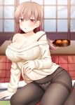  1girl black_legwear blush bra_strap breasts brown_eyes brown_hair cleavage eyebrows_visible_through_hair food fruit hair_between_eyes jewelry kantai_collection kotatsu large_breasts long_hair long_sleeves mandarin_orange navel off-shoulder_sweater off_shoulder ooi_(kancolle) open_mouth panties panties_under_pantyhose pantyhose ring rui_shi_(rayze_ray) solo strap_slip sweater table underwear wedding_band white_sweater 