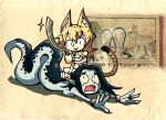  2girls animal_ears apep bastet blonde_hair cat cat_ears cat_girl cat_tail commission egyptian_mythology english_commentary holding holding_weapon kopesh lamia long_hair monster_girl multiple_girls scales setz snake tail weapon 