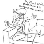 1:1 2021 anthro big_breasts black_and_white bottomwear breasts callie_briggs callmewritefag cleavage clothed clothing controller digital_drawing_(artwork) digital_media_(artwork) domestic_cat english_text eyewear felid feline felis female fur furniture game_controller gaming glasses hair hanna-barbera hi_res hotpants mammal midriff monochrome navel open_mouth playing_videogame shirt shorts simple_background sitting sketch solo swat_kats text topwear video_games 