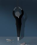  1boy arms_up avogado6 ballet_slippers black_pants black_shirt bloody_feet blue_background colored_skin hands_up hanged highres long_sleeves noose original pants shirt simple_background solo tiptoes white_skin 