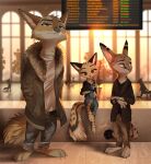 absurd_res anthro belt beverage bottomwear canid canine canis claws clock clothing coyote detailed_background felid feline female hi_res inner_ear_fluff jacket lax male mammal moses_(samur_shalem) neck_tuft pants relaxablefur scar serval toe_claws topwear train_station tuft watch 