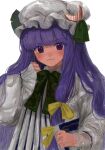  1girl b_nosk101 bangs blunt_bangs book capelet closed_mouth commentary_request crescent_hat_ornament dress eyebrows_visible_through_hair green_neckwear green_ribbon hair_ribbon hat hat_ornament hat_ribbon highres holding holding_book long_hair looking_at_viewer mob_cap patchouli_knowledge purple_eyes purple_hair ribbon sidelocks simple_background sleeves_past_wrists solo striped touhou upper_body vertical_stripes white_background white_capelet white_dress white_headwear wide_sleeves yellow_ribbon 
