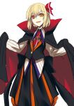  +_+ 1girl :d black_cape black_skirt black_vest cape gradient_eyes hair_ornament highres long_sleeves looking_at_viewer medium_hair multicolored multicolored_eyes necktie open_mouth red_eyes red_neckwear rumia shirt shukusuri simple_background skirt smile solo standing touhou two-sided_cape two-sided_fabric vest white_background white_shirt 