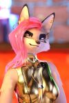  3d_(artwork) anthro breasts canid canine canis clothed clothing digital_media_(artwork) ear_piercing ear_ring female fox fur hair impreza jewelry looking_at_viewer mammal multicolored_body multicolored_fur piercing pink_hair smile solo swimwear tan_body tan_fur tridognait 