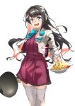  1girl absurdres black_hair blazer blouse blue_bow bow bowtie breasts dish dress fang food fried_rice green_eyes grey_legwear hair_down hairband halterneck highres holding holding_food jacket kantai_collection large_breasts long_hair looking_at_viewer multicolored_hair naganami_(kancolle) pantyhose pink_hair pleated_skirt remodel_(kantai_collection) shirt skirt solo standing tanabe_(fueisei) thighhighs two-tone_hair wavy_hair white_blouse white_hairband white_shirt wok 