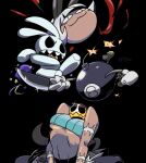  1girl 770mk :3 animal animal_ears black_background bob_cut bomb breasts bunny cartoonized cat_ears cat_tail dark_skin dark_skinned_female decapitation george_the_bomb medium_breasts ms._fortune_(skullgirls) ribbed_sweater skullgirls slit_pupils squatting stitched_arm stitches sweater tail white_hair yellow_eyes 