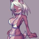  1:1 anthro big_breasts bikini breasts canid canine canis chatora_(pixiv) cleavage clothed clothing domestic_dog female mammal one_eye_closed seductive solo swimwear teasing wink 