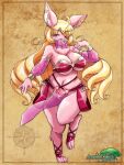  3:4 anthro big_breasts blonde_hair breasts cleavage clothed clothing featureless_crotch female fur hair lagomorph leporid mammal melonleaf pink_body pink_fur rabbit solo 