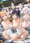  6+girls :d ahoge animal_ear_fluff animal_ears antenna_hair bangs bare_arms bare_shoulders bathing black_hair blonde_hair blue_eyes blush breasts bucket cat_ears cat_girl cat_tail character_request choko_(cup) cleavage collarbone covered_navel covering cup day elf green_eyes hair_between_eyes horns karyl_(princess_connect!) kokkoro_(princess_connect!) large_breasts medium_breasts multicolored_hair multiple_girls naked_towel nude_cover open_mouth orange_hair outdoors partially_submerged pecorine_(princess_connect!) pink_hair pointy_ears ponytail pouring_onto_self princess_connect! princess_connect!_re:dive purple_eyes purple_hair rock saren_(princess_connect!) sayika short_hair silver_hair sitting small_breasts smile streaked_hair sunlight tail tokkuri towel two-tone_hair water white_hair wooden_bucket 