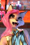  3d_(artwork) anthro breasts canid canine canis clothed clothing detailed_background digital_media_(artwork) ear_piercing ear_ring female fox fur hair impreza jewelry looking_at_viewer mammal multicolored_body multicolored_fur neon open_mouth piercing pink_hair smile solo swimwear tan_body tan_fur teeth tongue tridognait 