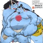  1:1 2021 96panda absurd_res anthro balls belly blue_body bodily_fluids butt erection fish-men_(one_piece) flaccid genitals hi_res jinbe kemono male marine moobs navel nipples one_piece overweight overweight_male penis sitting solo_focus sweat tongue tongue_out towel 