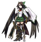  1girl adapted_costume arm_cannon arms_at_sides bird_wings black_legwear black_wings bow brown_eyes brown_hair cape closed_mouth feathered_wings full_body green_bow green_skirt hair_between_eyes hair_bow highres long_hair looking_at_viewer metal_boots miniskirt mismatched_footwear reiuji_utsuho shirt shukusuri simple_background skirt smile solo standing starry_sky_print thighhighs third_eye touhou weapon white_background white_cape white_shirt wings zettai_ryouiki 