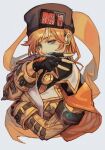  1girl armband bangs blonde_hair blue_eyes covering_mouth fingerless_gloves gloves guilty_gear guilty_gear_strive hat hungry_clicker jacket long_hair looking_at_viewer millia_rage solo traditional_media upper_body yellow_jacket 